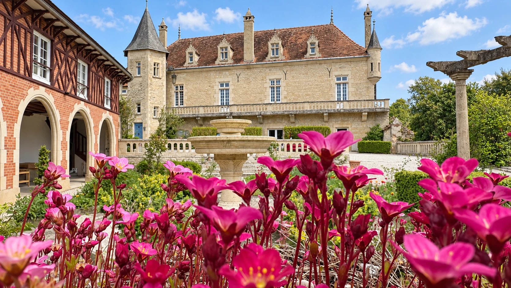 La façade du Prieuré vue depuis les fleurs du jardin